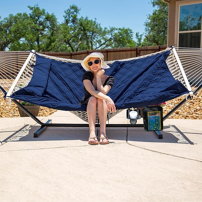 SUNCREAT Two Person Hammock with Stand Heavy Duty Backyard Hammock and Stand Navy Drops