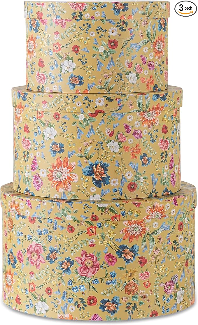 Soul &amp Lane Botanica Bliss Gold Round Hat Boxes with Lids - Set of 3: Nesting Cardboard Hat Storage Boho Floral Print Cases Stacking Circle Decorative Keepsake Boxes