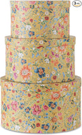 Soul &amp Lane Botanica Bliss Gold Round Hat Boxes with Lids - Set of 3: Nesting Cardboard Hat Storage Boho Floral Print Cases Stacking Circle Decorative Keepsake Boxes