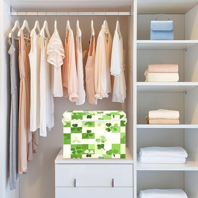 Clover Checkered Background Fabric Storage Bins with Lids and HandleFoldable Storage Bins with LidsCloset Organizers for Clothes Storage Room Organization Office Storage Chest Organizer