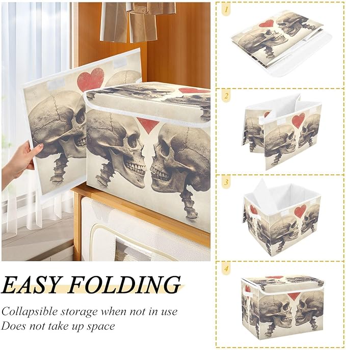 AIXIWAWA Lidded Storage Cube (Heart Skull) Fabric Foldable Closet Bins with Flip Lid and Handles Organizer Basket Container 16.5 x 12.6 x 11.8 IN