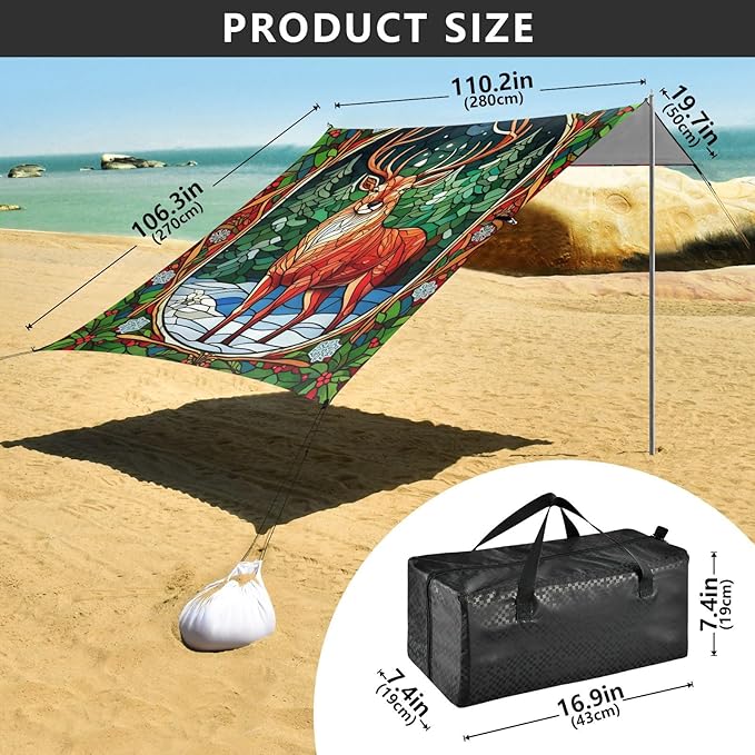 xigua Reindeer Beach Tent Sun Shelter with Carrying Bag - Silver Coated Oxford Fabric Beach Canopy for Beach Camping Fishing - Includes Windproof Ropes Sandbags &amp Stakes