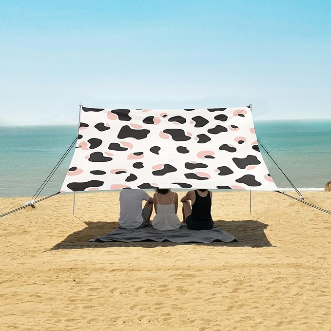 Simple Cow Print Pattern Vector Art Style White Background Pink and White Beach Cabana UPF50+ Protection Water-Resistant Shade Sun Shelter with Sand Pockets for Camping Picnics Backyard