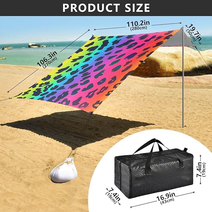 ALAZA Leopard Skin Spots Rainbow Color Beach Tent Sun Shelter Portable Canopy Sunshade for Outdoor Camping Picnics Backyard Fun 10x9 ft