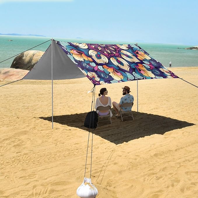 ALAZA Mandala Floral Beach Tent Sun Shelter UPF50+ Protection Beach Shade Canopy w/ 4 Sandbags for Outdoor Camping Fishing Backyard Fun Picnic 10x9 ft