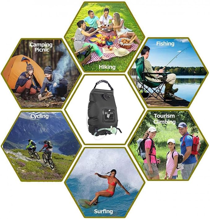 Camping Shower Bag - Mobile Outdoor Shower for Backpackers | Sturdy Water Container with Hose Spray Head Easy Setup Solution for Travel Hiking and Picnic Use 18.3 x 20in