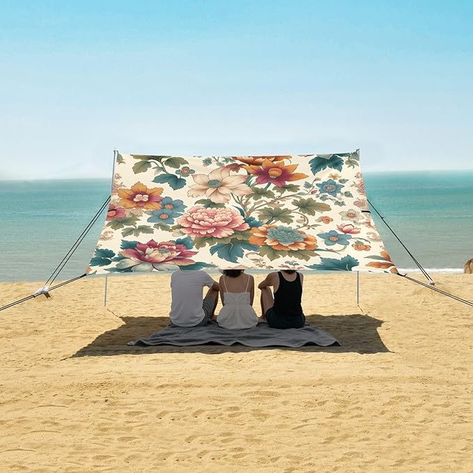 Oriental Floral Print Beach Tent Sun Shelter Set UPF50+ UV Protection 10.5 x 9.19 FT Camping Shade Canopy with Sandbags Sand Anchors Carrying Bag and Others