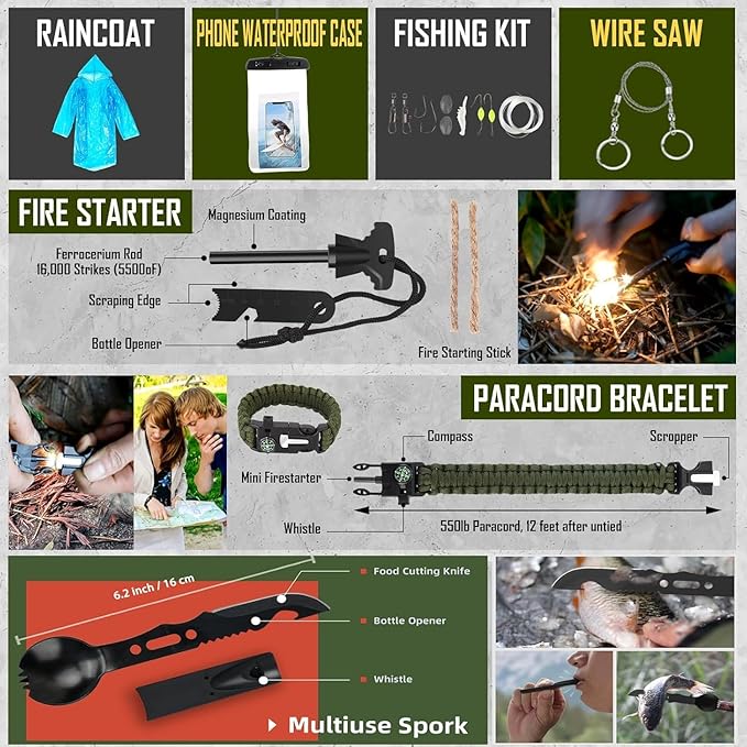 Survival Kit 268 Pcs Emergency Survival Gear and Equipment Supplies with First Aid Kit Camping Axe Headlamp Crossbody Bag for Camping Hiking Hunting Gift for Christmas Men Dads Black Como