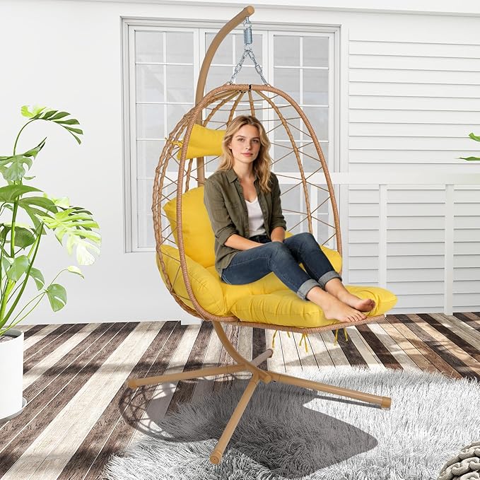 Hanging Egg Chair with Stand Outdoor Indoor Patio Rattan Swing Hammock Chairs with Washable Cushion PE Wicker Swing Chair for Backyard Bedroom Garden (Yellow + Yellow Cushion with Footrest)