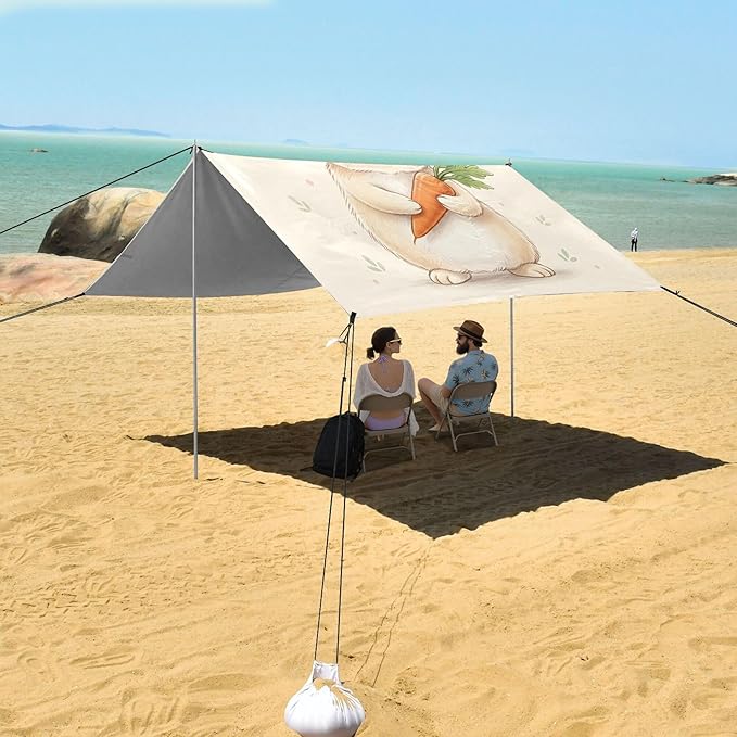 Cute Bunny Beach Canopy Sun Shelter with Sandbags &amp Sand Shovel &amp Windproof Ropes - Portable 110x126 Beach Shade Beach Tent for Camping Picnics