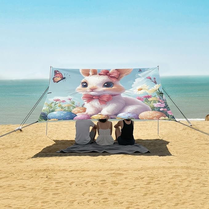 Easter Eggs Spring Bunny Beach Tent Sun Shelter Set UPF50+ UV Protection 10.5 x 9.19 FT Camping Shade Canopy with Sandbags Sand Anchors Carrying Bag and Others