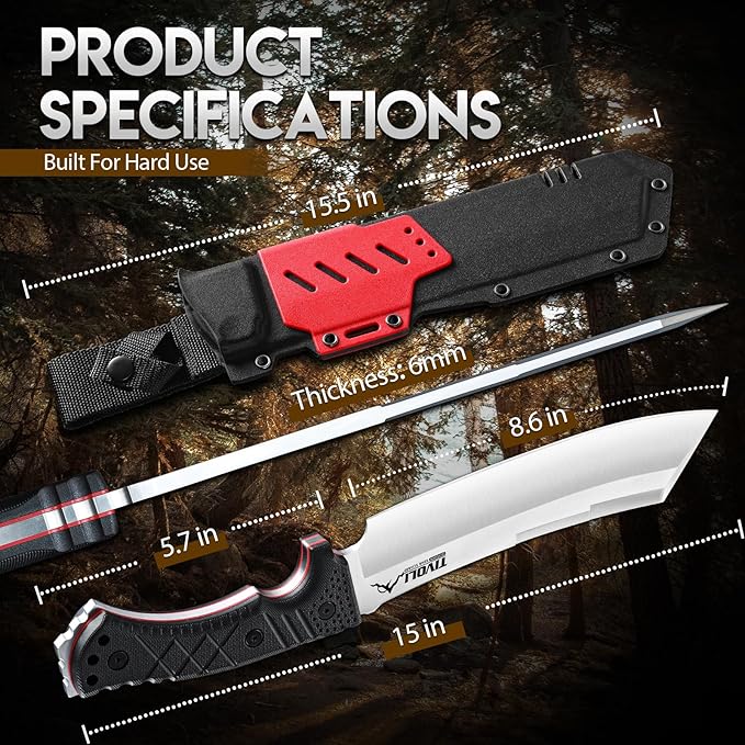 TIVOLI Heavy Duty Fixed Blade Chopper Knife Full Tang Outdoor Knife with 440C Steel Thick Spine Sheath Included for Camping Bushcraft Wood Processing