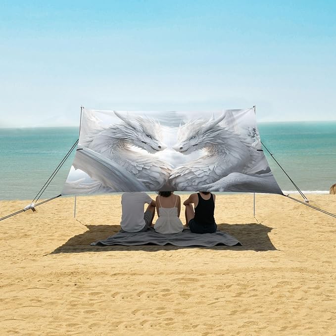 ALAZA White Dragons Magic Beach Tent Sun Shelter UPF50+ Protection Beach Shade Canopy w/ 4 Sandbags for Outdoor Camping Fishing Backyard Fun Picnic 10x9 ft