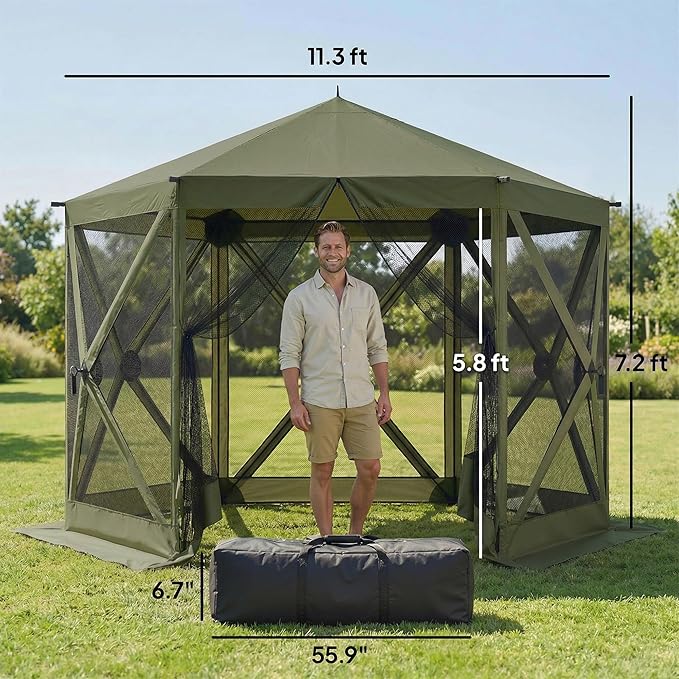 Outsunny 10 x 11 ft Pop Up Gazebo Screen Tent Outdoor Portable Instant Camping Canopy Screen House Sun Shelter with Mesh Nettings Carry Bag Ground Stakes Ropes for Patio Backyard Dark Green