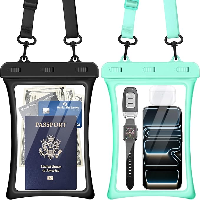 CACOE [Floatable Floating Universal IPX8 Waterproof Phone case 2 Pack-Up to 10.0Adjustable Lanyard Phone PouchCellphone Dry Bags for Vacation Beach Pool Kayak Cruise Travel Essentials（Black+Green）