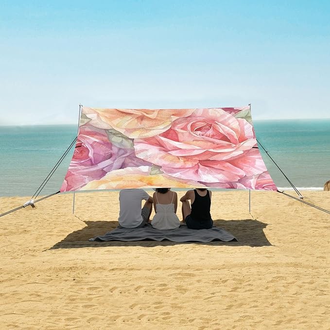 ALAZA Rose Flower Watercolor Beach Tent Sun Shelter UPF50+ Protection Beach Shade Canopy w/ 4 Sandbags for Outdoor Camping Fishing Backyard Fun Picnic 10x9 ft