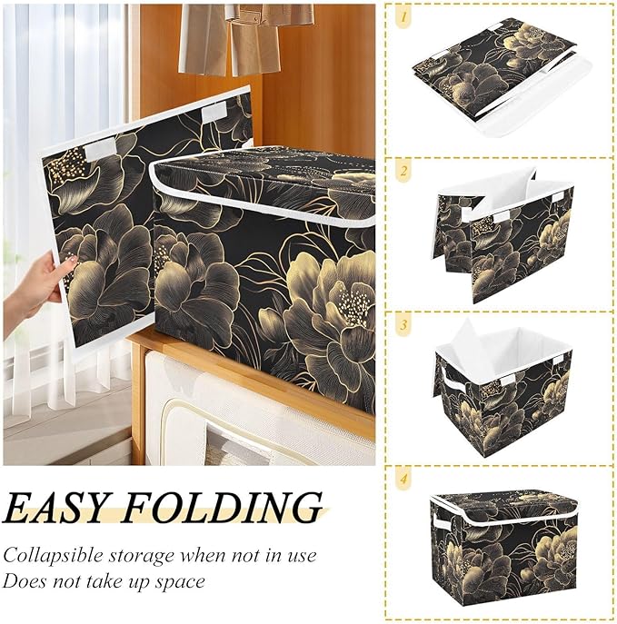 AIXIWAWA Storage Cube with Lid (Gold Black Floral) Fabric Foldable Closet Bins with Flip Lid and Handles Organizer Basket Container 16.5 x 12.6 x 11.8 IN