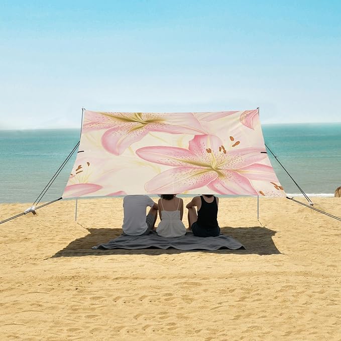 ALAZA Pink Golden Cute Lily Beach Tent Sun Shelter Portable Canopy Sunshade for Outdoor Camping Picnics Backyard Fun 10x9 ft
