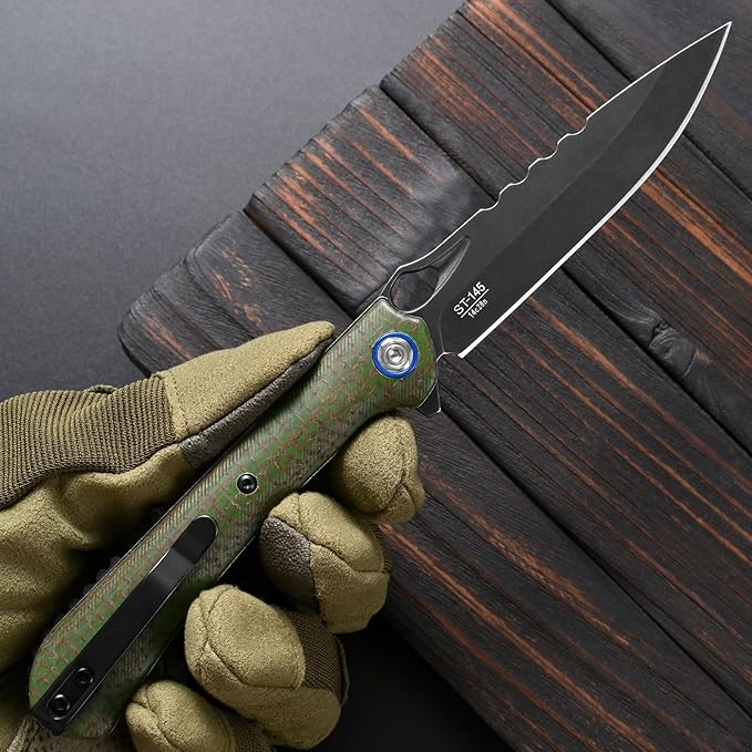 Sitivien ST145 Folding Pocket KnifeBlack Stonewashed 14C28N Steel BladeMicarta Handle EDC Tool Knife for Outdoor SurvivalCampingHikingHunting(Green) …