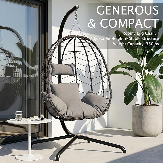 LEX CRAFT Hanging Egg Chair with Stand Swinging Egg Chair Outdoor Indoor Hanging Basket Chair with Cushion Patio Wicker Hammock Chair 350lbs Capacity for Porch Balcony Backyard Garden (Grey1)