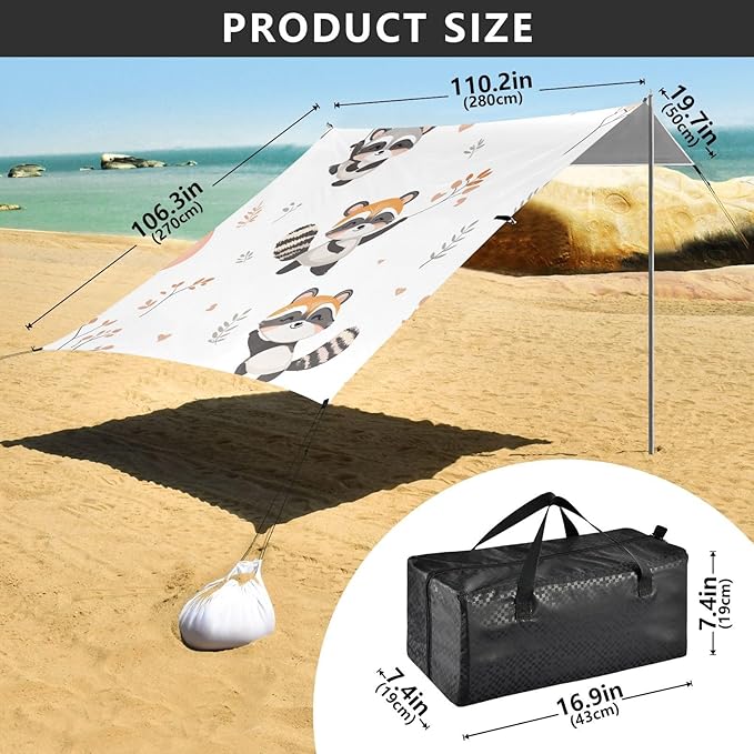 ALAZA Cute Raccoons and Balloon Beach Tent Sun Shelter Portable Canopy Sunshade for Outdoor Camping Picnics Backyard Fun 10x9 ft