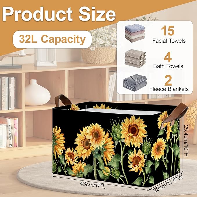 Storage Bin with Handles Sunflowers Collapsible Laundry Baskets for Books Laundry - Use in Nursery Closet Organizers and Storage Blanket Basket