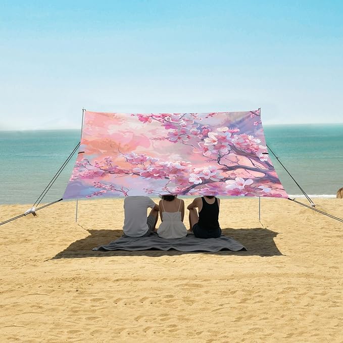 ALAZA Pink Cherry Blossoms Painting Beach Tent Sun Shelter UPF50+ Protection Beach Shade Canopy w/ 4 Sandbags for Outdoor Camping Fishing Backyard Fun Picnic 10x9 ft