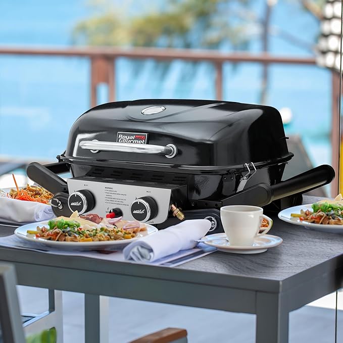 Royal Gourmet GT2005 2 Burner Portable Propane Gas Grill with Foldable Side Tables &amp Foldable Support Legs Tabletop Gas Grill with Warming Rack for Outdoor Cooking &amp Grilling Black