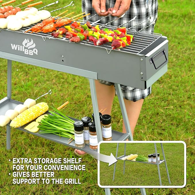 WILLBBQ Charcoal Grills Commercial Quality Portable Hibachi BBQ Lamb Skewer Detachable‌ Camping Barbecue Grill for Backyard Outdoor Cooking Use(31.6x7.1x5.1 inch)