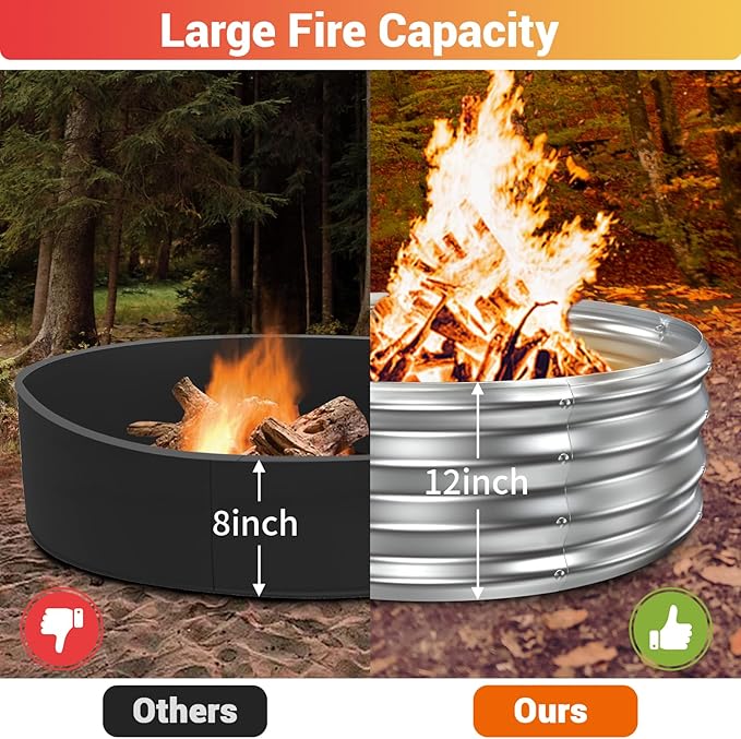 60 Inch Extra Large Fire Pit Ring for Outside Heavy Duty Wood Burning Firepits &amp Outdoor Fireplace12'' Tall High Heat Resistant Fire Bowl Galvanized Steel Portable for Backyard BonfirePatioCam