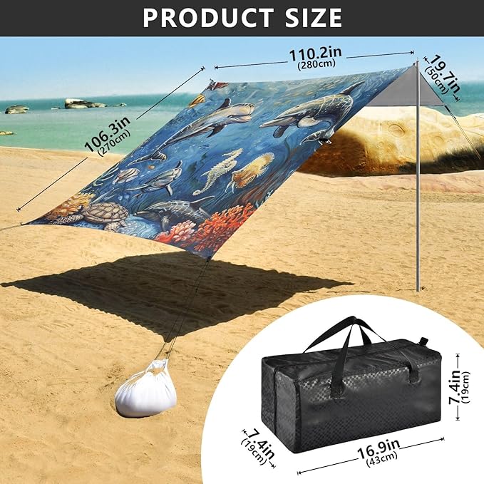 ALAZA Marine Dolphins Fish Seahorse Turtles Beach Tent Sun Shelter Portable Canopy Sunshade for Outdoor Camping Picnics Backyard Fun 10x9 ft