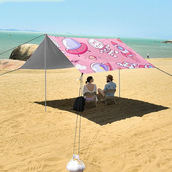 Beach Canopy with Windproof Ropes &amp Sandbags Beach Tent Sun Shade Sun Shelter for Camping Trips Fishing Backyard Fun or Picnics Space Cats