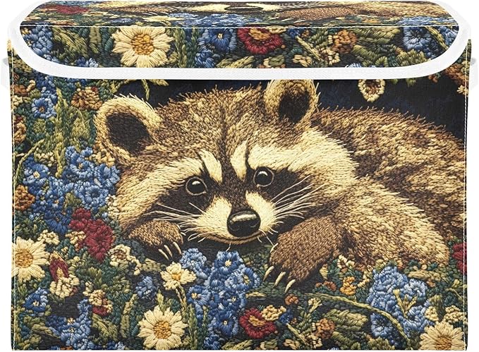 Storage Cube with Lid Raccoon with Floral Print 16.5×12.6×11.8 IN Collapsible Large Capacity Foldable Storage Basket Bin Organizer