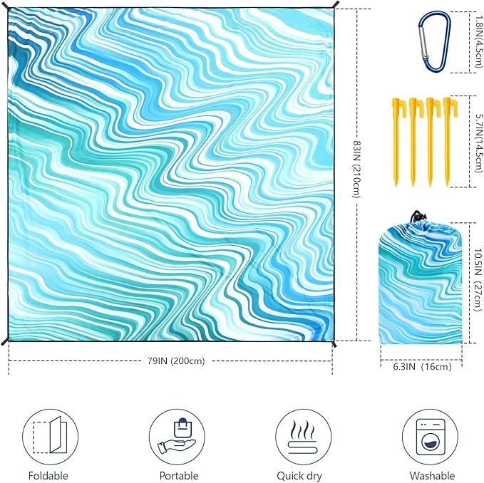 Beach Blanket Waterproof Sandproof Beach Mat 79 X 83/10'x9'for 2-8 Adults Quick Drying Outdoor Picnic Mat Beach Accessories for Travel Camping Hiking