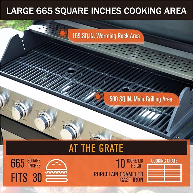 Sophia &amp William 6-Burner Propane Gas BBQ Grill with Side Burner &amp Porcelain-Enameled Cast Iron Grates Stainless Steel Barbecue Grills Outdoor Cooking for Outside 665 SQ.IN. Cooking Area 65