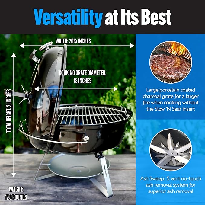 SnS Grills Slow ‘N Sear Travel Kettle 2-Zone Cook Charcoal Basket and Easy Spin 18” Grate - Portable Charcoal Grill for BBQ Cooking - Travel Kettle 18”