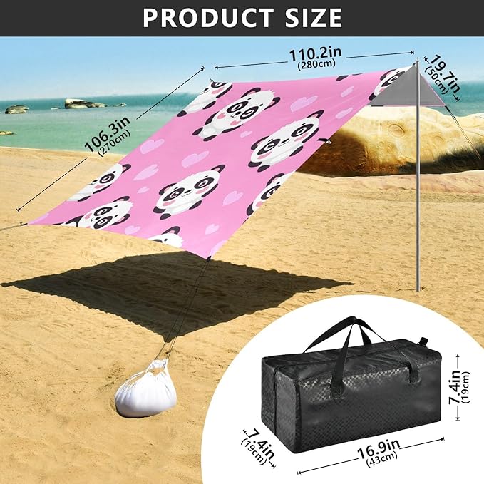 xigua Panda Beach Tent Sun Shelter with Carrying Bag - Silver Coated Oxford Fabric Beach Canopy for Beach Camping Fishing - Includes Windproof Ropes Sandbags &amp Stakes