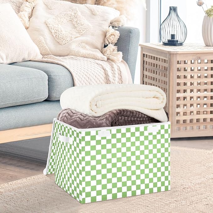 Light Green White Checkerboard Storage Baskets Lidded Bin Foldable Storage Boxes Cubes Lids with 2 Handles for Organizing Closet Home Office