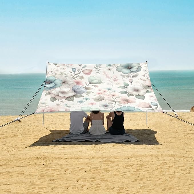 Pure Flowers Beach Tent Sun Shelter Set UPF50+ UV Protection 10.5 x 9.19 FT Camping Shade Canopy with Sandbags Sand Anchors Carrying Bag and Others