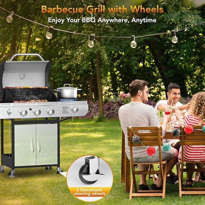 Electactic 3-Burner Propane Gas BBQ Grill with Side BurnerStainless Steel Grill with Porcelain-Enameled Grates37000 BTU Barbecue Grill Suitable for Outdoor CookingCampingPatio Backyard