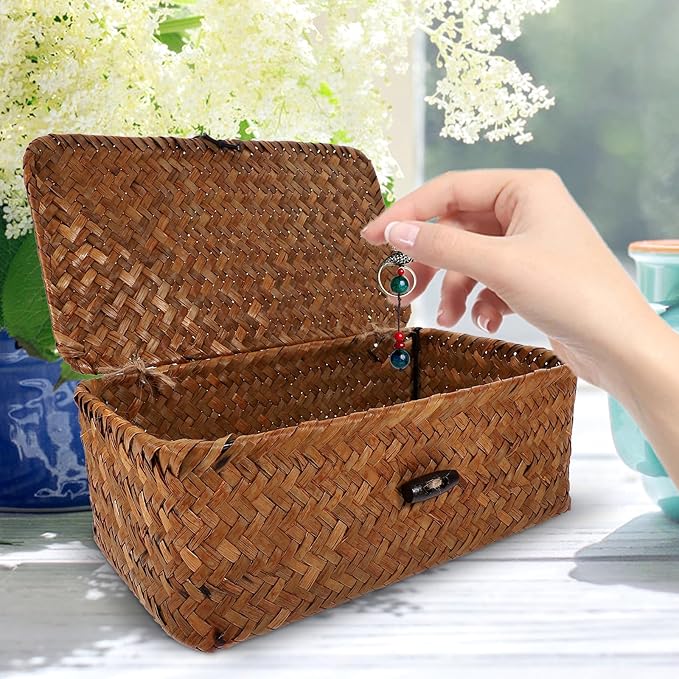 Rattan Basket with Lid Seagrass Baskets with Lid Flat Rattan Storage Bins with Button for Shelf Closet Bedroom