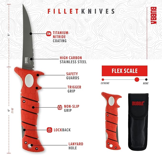 BUBBA 5 Inch Lucky Lew Folding Compact Fillet Knife with Non-Slip Grip Handle Stainless Steel Blade Lanyard Hole and Synthetic Carry Case for Gutting Fishing and Hunting