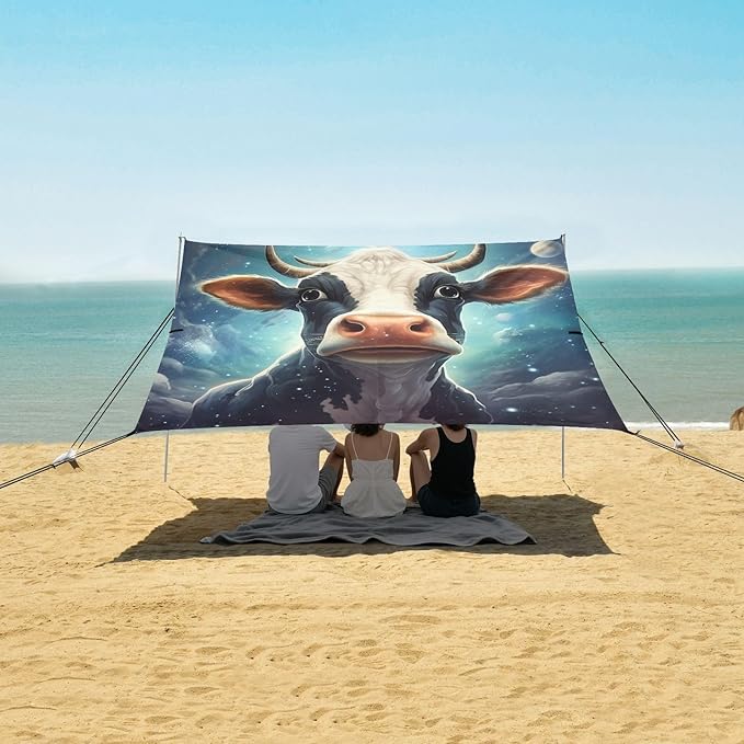 ALAZA Cow Portrait Cartoon Space Beach Tent Sun Shelter Portable Canopy Sunshade for Outdoor Camping Picnics Backyard Fun 10x9 ft