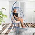 Hanging Egg Chair with Stand Outdoor Indoor Patio Rattan Swing Hammock Chairs with Washable Cushion PE Wicker Swing Chair for Backyard Bedroom Garden (Blue + Beige Cushion No Footrest)