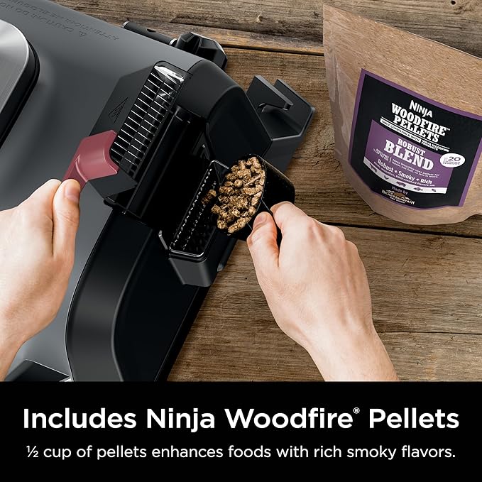 Ninja Woodfire Outdoor Grill &amp Smoker 6-in-1 Functionality Grill Smoke Bake Roast Air Fry Broil Authentic Woodfire Flavors Electric Heat OG321