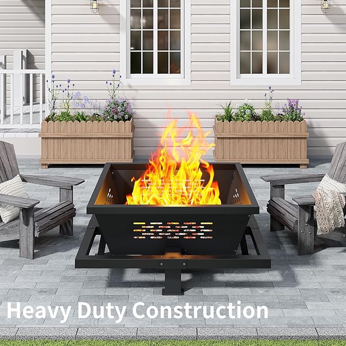42 Large Fire Pit Square Outdoor Fire Pit with Poker Wood Burning FirePit for Camping Backyard Patio