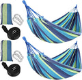 Windyun 2 Sets Cotton Canvas Hammock Large Double Hammock 400lbs Portable Camping Hammocks for Outside with Carrying Bag Sturdy Metal Knot Ropes and Tree Straps for Travel Patio Garden Backyard (Blue)