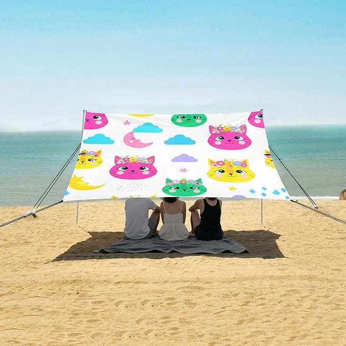 Cat Beach Canopy Sun Shelter with Sandbags &amp Sand Shovel &amp Windproof Ropes - Portable 110x126 Beach Shade Beach Tent for Camping Picnics