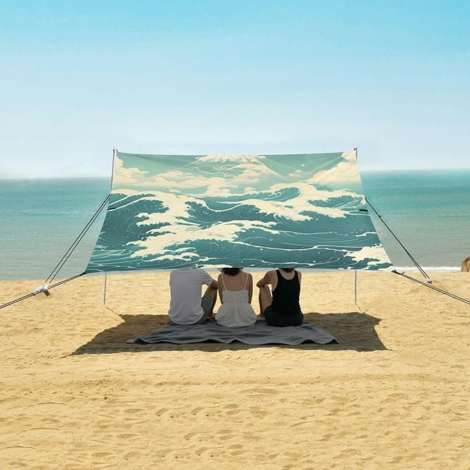 Beach Canopy with Windproof Ropes &amp Sandbags Beach Tent Sun Shade Sun Shelter for Camping Trips Fishing Backyard Fun or Picnics Waves