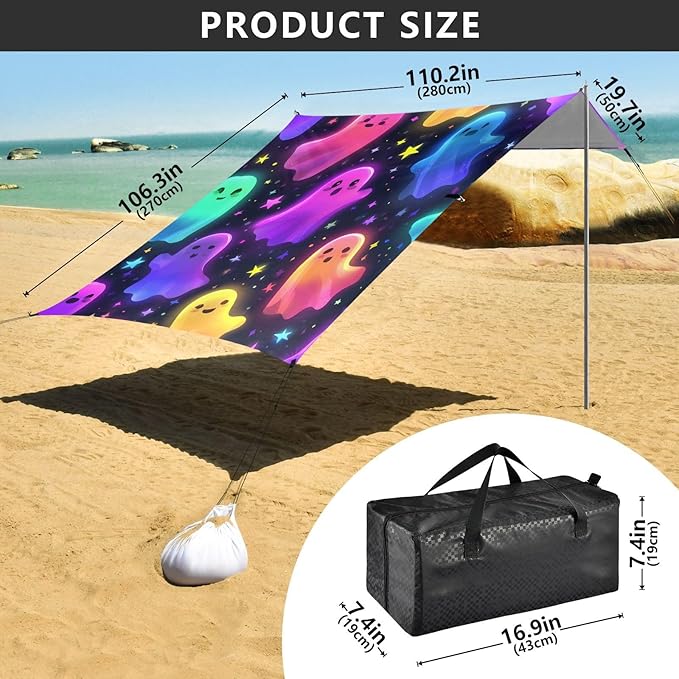 ALAZA Colorful Ghost Stars Pattern Beach Tent Sun Shelter UPF50+ Protection Beach Shade Canopy w/ 4 Sandbags for Outdoor Camping Fishing Backyard Fun Picnic 10x9 ft